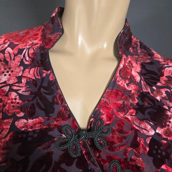 Vintage 90s Red Flocked Velvet Burnout Asian Style Top Size S Gothic Whimsigoth - Picture 6 of 14